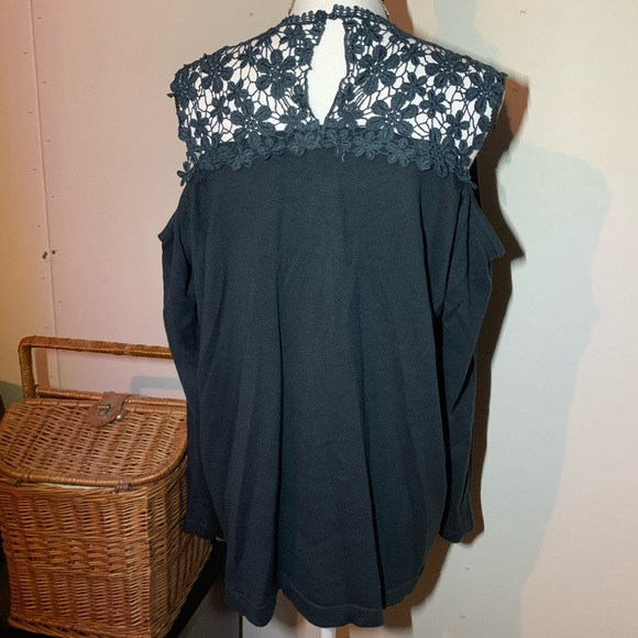 Amaryllis Black Lace Trim Cold Shoulder Sweater - Picture 6 of 10